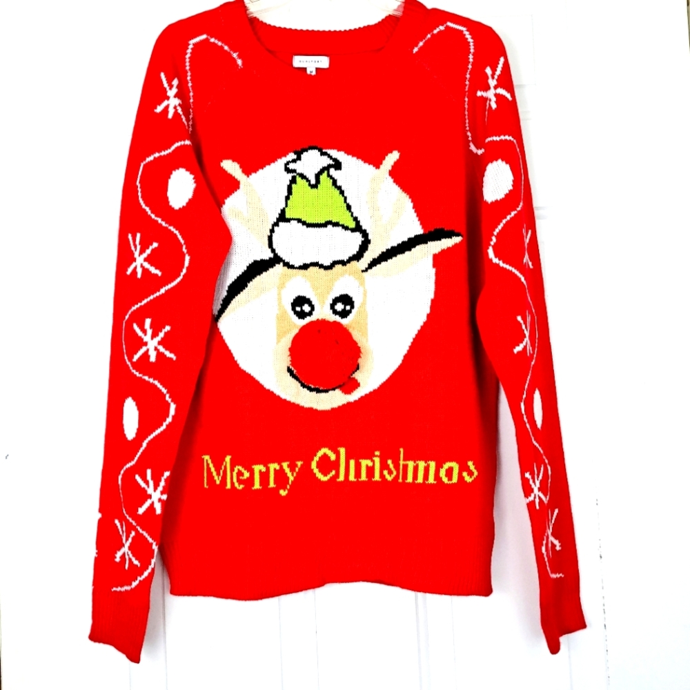 Qualfort Women's Ugly Christmas Reindeer Face & Nose Print Red Sweater Sz M